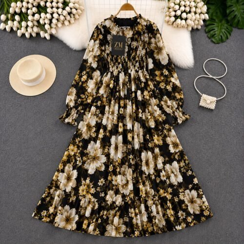 imported floral chiffon smocked maxi dress black beige floral.jpg