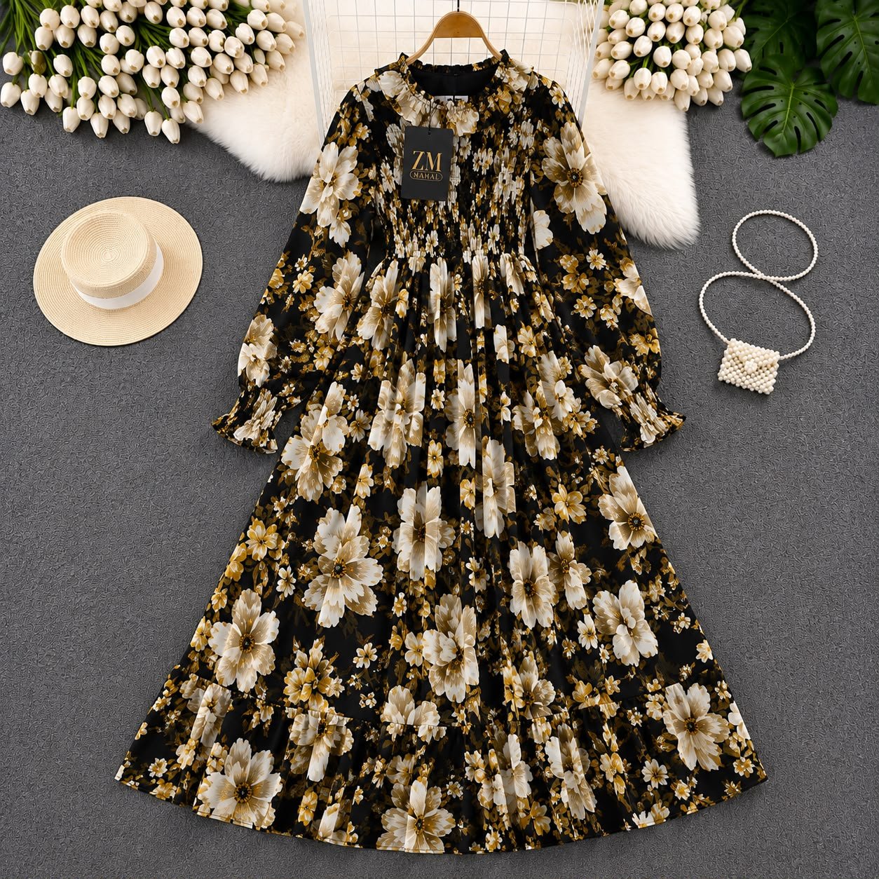 imported floral chiffon smocked maxi dress black beige floral.jpg