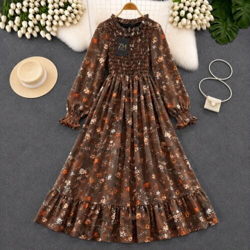 imported floral chiffon smocked maxi dress chocolate brown floral.jpg